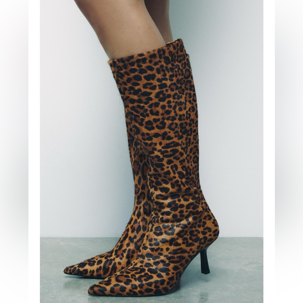 Leopard Knee-High ANIMAL PRINT HEELED 100% LEATHER BOOTS. 8/39. Wow - Picture 9 of 10
